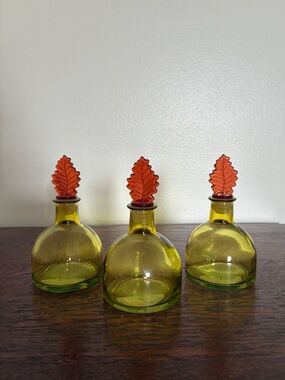 Set of 3- Green Glass Bottles with Brown-Amber Leaf Shape Stoppers